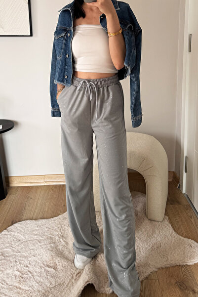 İlayda Toprak Glow Gri Cyrstal Detail Simli Bol Kalıp Cool Eşofman Altı