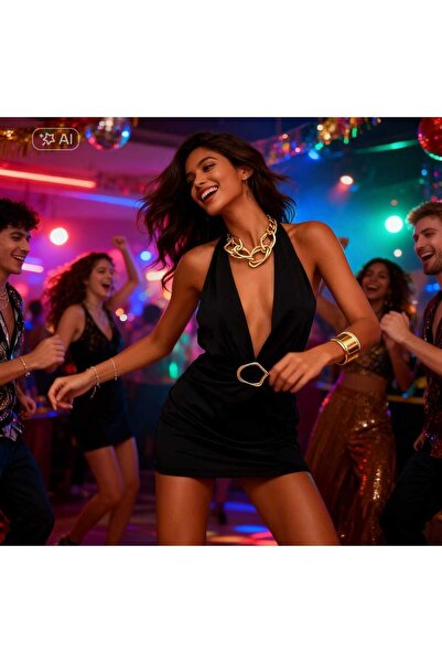 NiCe İç Giyim Deep V-Neck Low-Cut Black Halter Women's Evening Party Dress