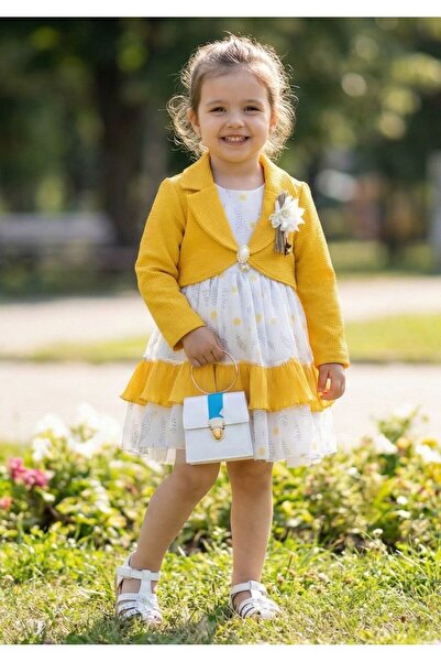 mj kids طقم فستان للفتيات مع سترة صفراء وحقيبة، مناسب للأعمار من 2-5 سنوات، ل...