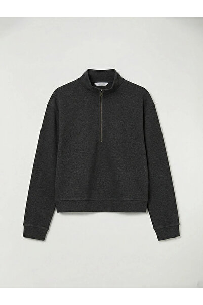 LC Waikiki Anthracite High Collar Patterned Soft Touch Women's Sweatshirt