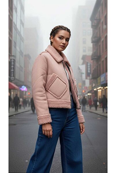 Azra Moda Style New Season Powder Color Nubuck Lamb Plush Coat for Women