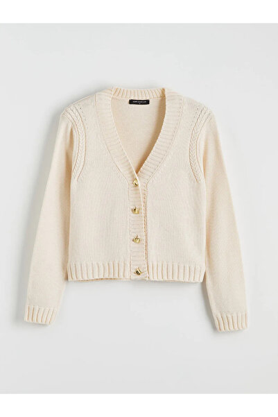 LC Waikiki Ecru V-Neck Self-Patterned Women's Knitwear Cardigan