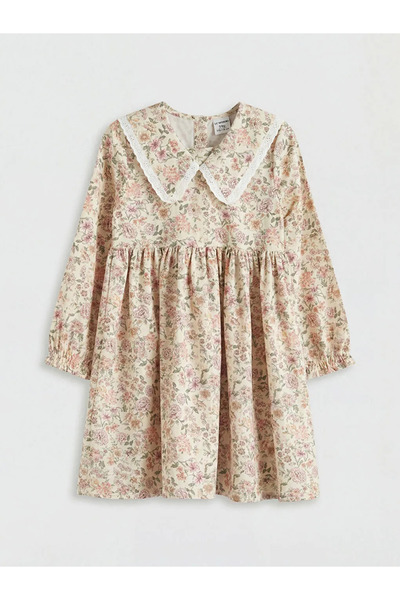 LC Waikiki Rochie galbenă pentru fetițe cu model floral guler tip Peter Pan