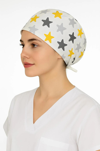 GTB BUTİK Beyaz Yıldız Desenli Cerrahi Bone Hemşire Doktor Bone Bandana