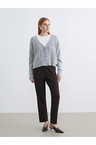 LC Waikiki Gray v-neck self-patterned women's knit cardigan