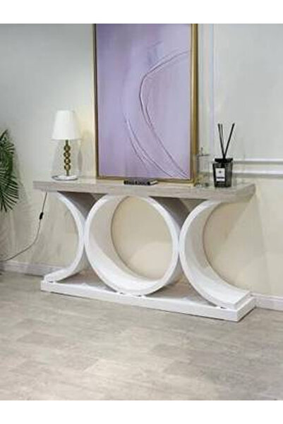 Genrics White wood console table with a transparent glass top in a modern and...