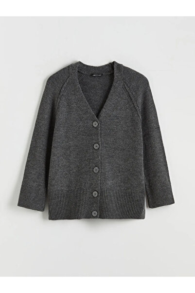 LC Waikiki Anthracite V-Neck Women's Knitwear Cardigan