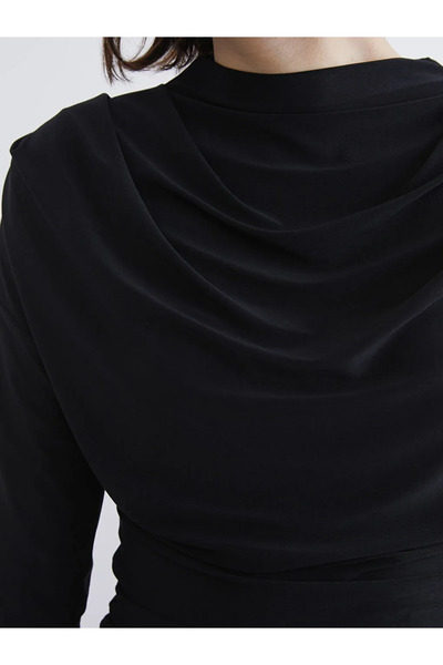 LC Waikiki Black Stand Collar Gathered Blouse