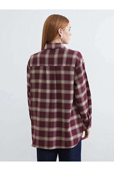 LC Waikiki Burgundy Plaid Oversized Women's Shirt Tunic
