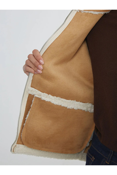 LC Waikiki Beige Hooded women's plush coat