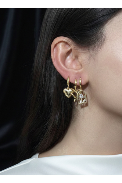 Gistoria Işıltılı Kalp ve Gül Detaylı 3'lü Küpe Seti