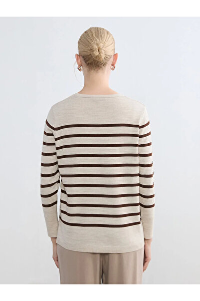 LC Waikiki Pulover tricotat maro cu guler rotund dungi pentru femei