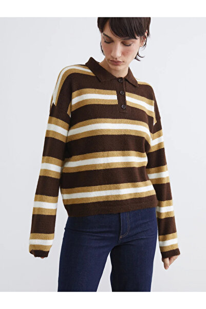 LC Waikiki Brown Polo Neck Striped Women's Knitwear Sweater