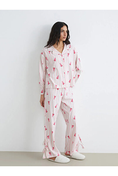 LC Waikiki Ecru shirt collar patterned women's pajama set