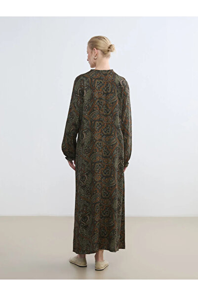 LC Waikiki Khaki Tie-Neck Patterned Dress