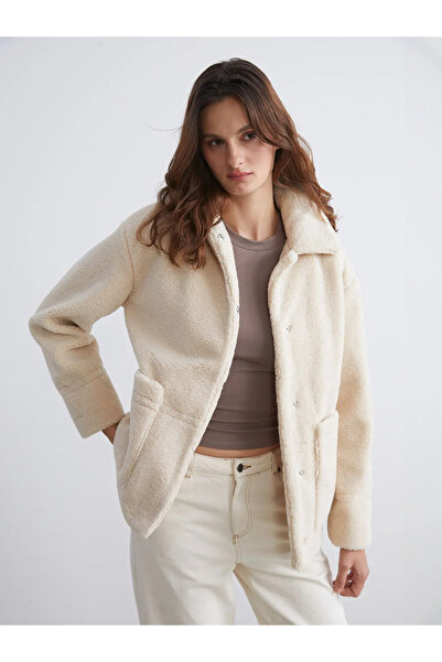 LC Waikiki Ecru Shirt Collar Women's Plush Coat