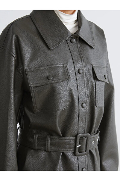 LC Waikiki Khaki shirt collar belted women's Leather-Look jacket