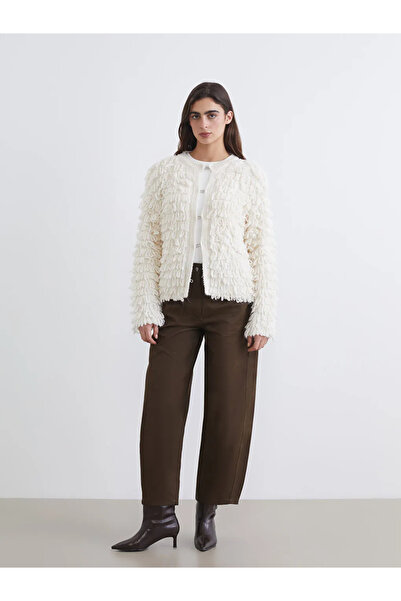 LC Waikiki Ecru Crew Neck Tassel Detailed Women's Knitwear Cardigan