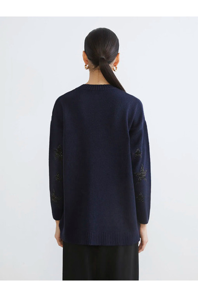 LC Waikiki Navy Blue Crew Neck Star Patterned Women's Knitwear Tunic