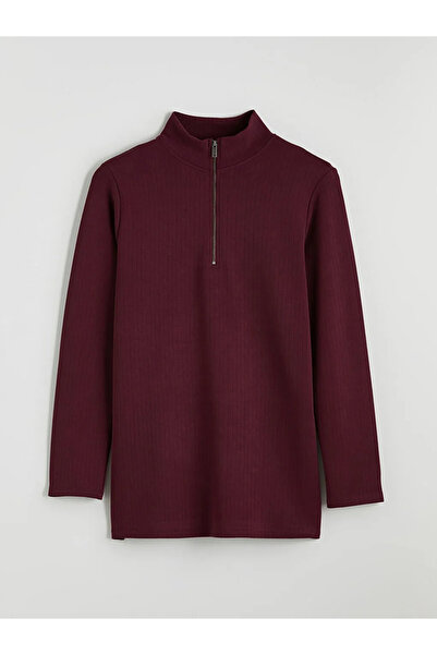 LC Waikiki Burgundy High Neck Striped Oversize Women's T-Shirt