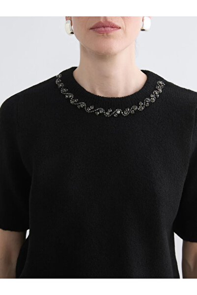 LC Waikiki Black Crew Neck Stone Women's Knitwear Sweater