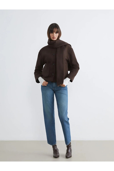 LC Waikiki Brown wool blend women's checkered jacket with scarf