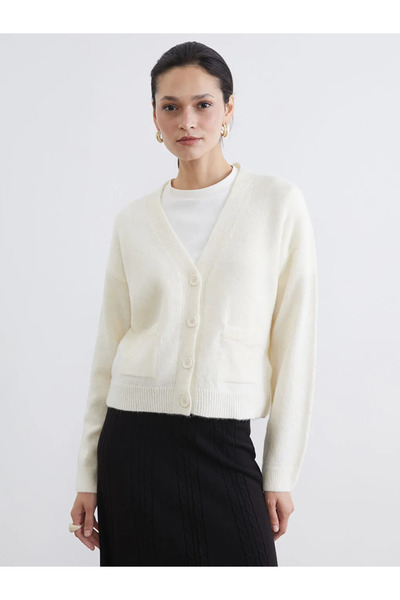 LC Waikiki Ecru V-Neck Women's Knitwear Cardigan