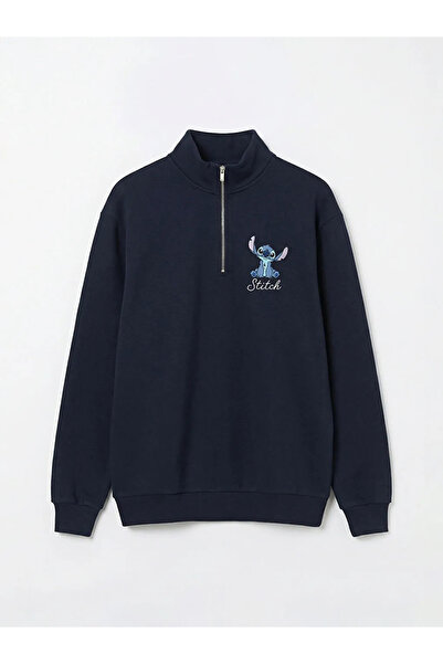 LC Waikiki Γυναικείο χοντρό φούτερ Navy Blue Stitch με τύπωμα oversized