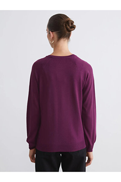 LC Waikiki Pulover tricotat pentru femei, mov, cu guler rotund și imprimeu fl...