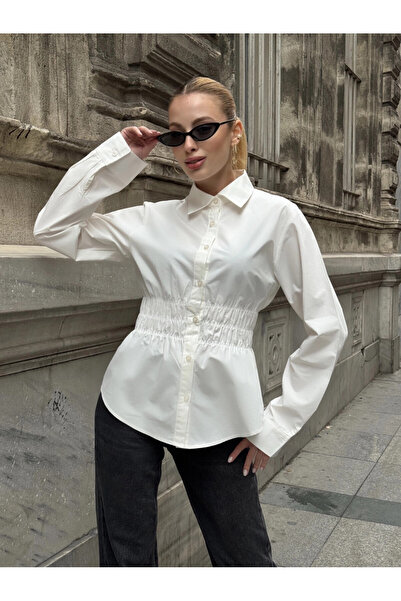 Cool & Sexy Women's Waist Gathered Long Sleeve White Shirt