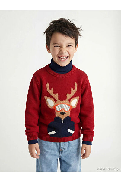 LC Waikiki Pulover tricotat pentru băieți cu tematică de Anul Nou Roșu