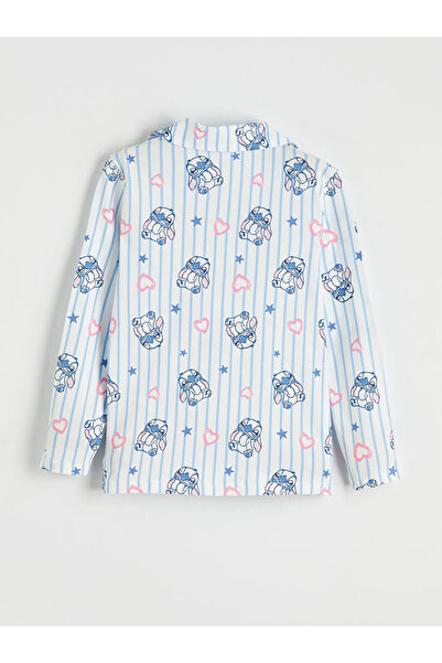 LC Waikiki Blue Shirt Collar Stitch Printed Girls' Pajama Set
