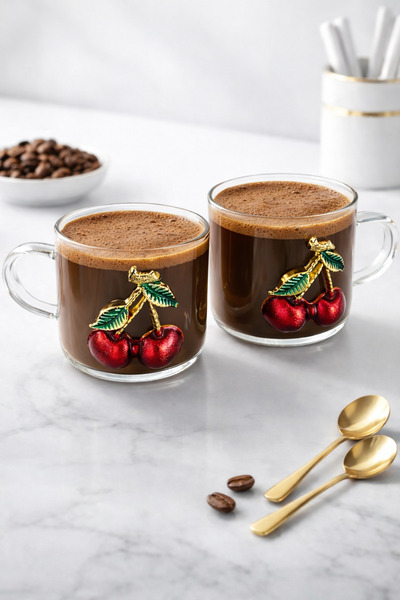 KELEN DEKORASYON 2’li Cam Kahve Fincanı Kirazlı