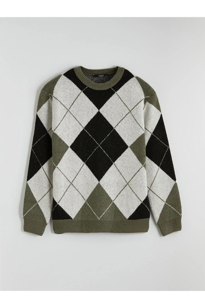 LC Waikiki Green bicycle collar diamond pattern men's knit sweater