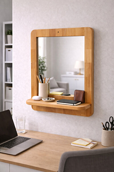 DİNGODAWOODENWORK Kayın Masif Duvar Aynası – Raflı Dekoratif Ayna (37×47 cm)