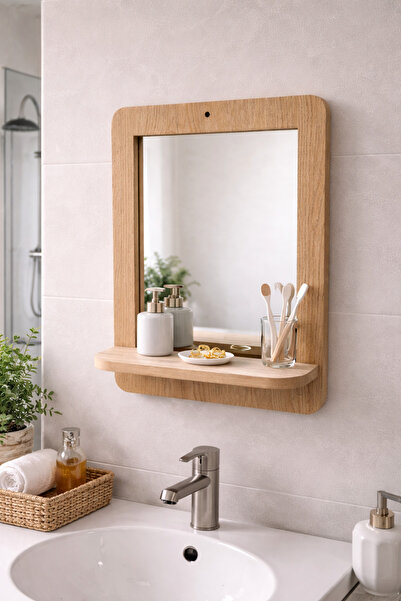 DİNGODAWOODENWORK Mdf Duvar Aynası – Raflı Dekoratif Ayna (37×47 cm)