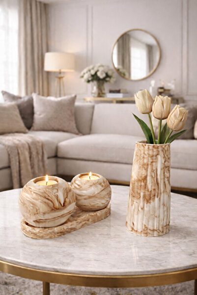 millonu Dekoratif Mermer Desen Vazo + 2 Adet Mumluk Seti | Modern Salon & Mas...