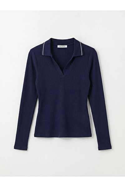 LC Waikiki Navy Blue Polo Neck Corded Fabric Women's T-Shirt