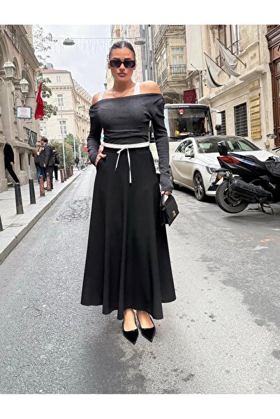 khar Women's Double Waistband Wide Leg Lace-Up Maxi Skirt