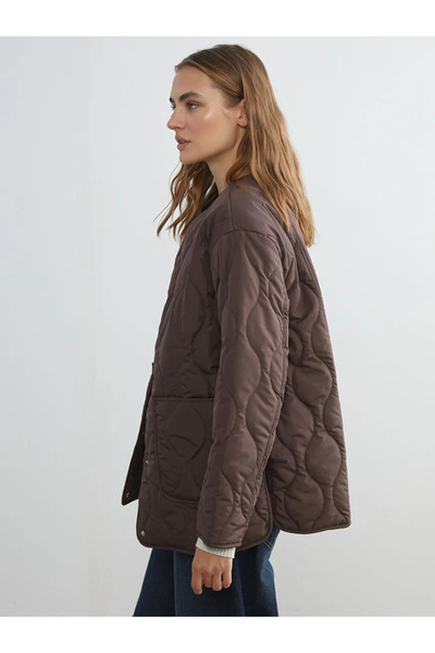 LC Waikiki Brown Crew Neck Oversized Quilted Women's Puffer Jacket