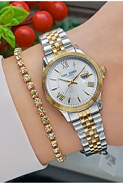 Tom Jones Yeni Model Altın Renk Kadın Kol Saati+Bileklik Hediyeli