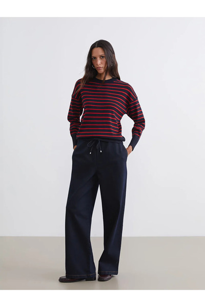 LC Waikiki Navy Blue Elastic Waist Wideleg Women's Jean Trousers