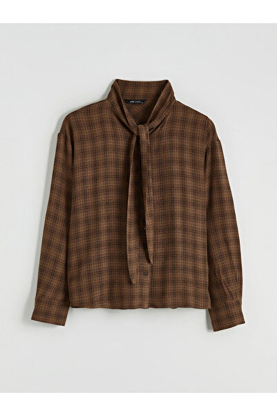 LC Waikiki Brown Scarf Collar Plaid Women's Shirt