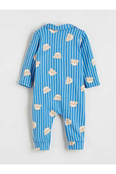 LC Waikiki Blue Shirt Collar Teddy Bear Printed Baby Boy Romper