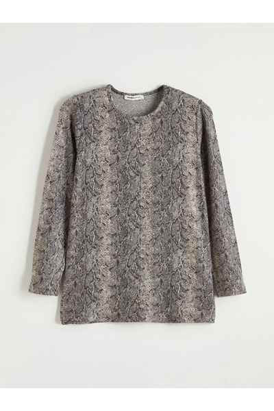 LC Waikiki Grey bicycle collar snake skin patterned women's t-shirt