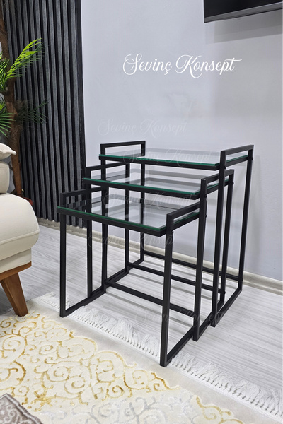 SEVİNÇ KONSEPT 3'lü SİYAH Rana Sehpa, Şeffaf Camlı, Çok Amaçlı Zigon Sehpa, Y...