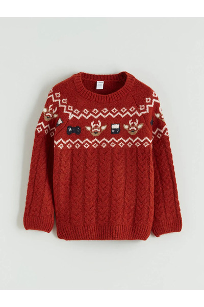 LC Waikiki Red new year's themed boy's knitted sweater