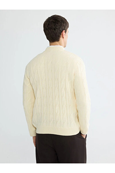 LC Waikiki Ecru Crew Neck Knitted Patterned Men's Sweater