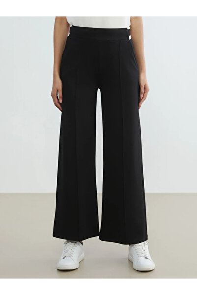 LC Waikiki Black Wide Leg Women's Pleated Trousers with Elastic Waist