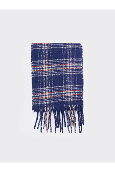 LC Waikiki Navy Blue Plaid Tasseled Women's Scarf
